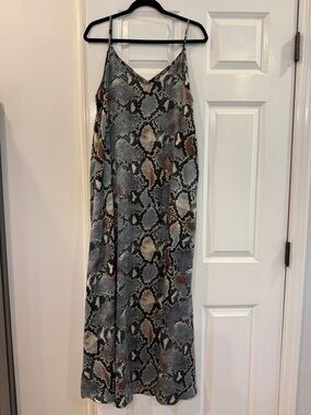 Sleeveless Snake-Print Maxi Slip Dress in Gray and Brown